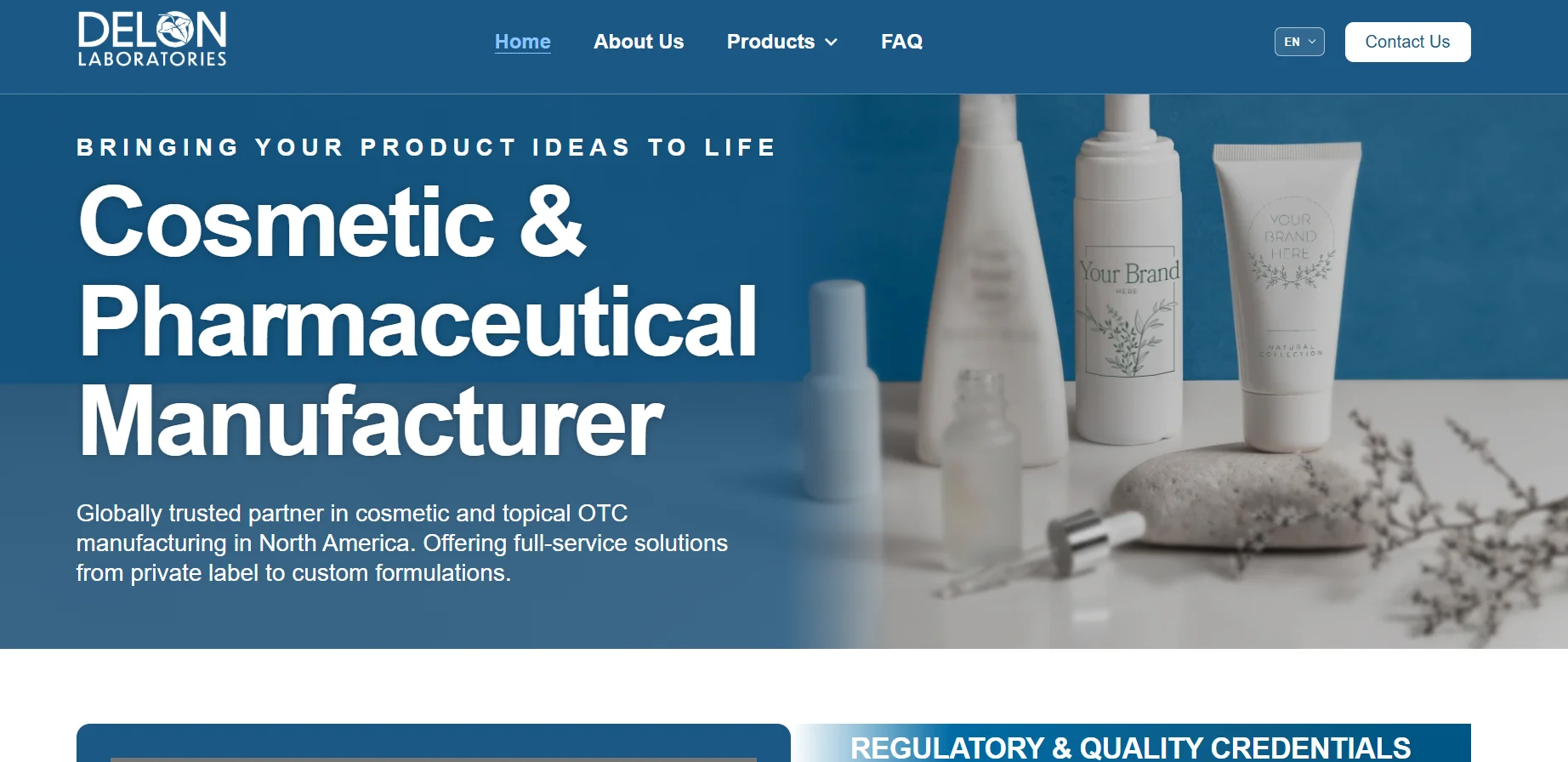 Header situs web untuk Delon Laboratories yang menampilkan branding mereka sebagai produsen kosmetik dan farmasi, memamerkan kemasan produk dengan latar belakang biru.